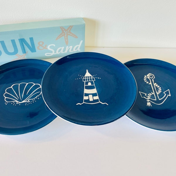 3 Vintage At Home International By The Sea Blue & White Nautical Beach 8” Plates, Fouled Anchor Plate, Seashell Plate, Lighthouse Plate