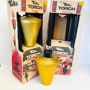 Pair 60&#39;s Tiki Torches, 2 Black and Gold Tiki Torches, MCM Anodized Aluminum Tiki Torches