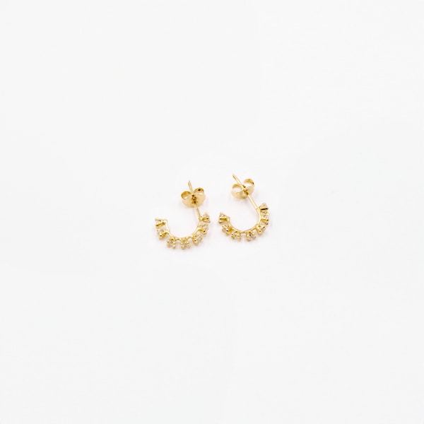 Solid 14K Real Gold Earring Designs For Women, Cute Tiny Small CZ Stud Ear Piercing, J Hoop Earrings, Daily Wear Earrings, Gift For Her