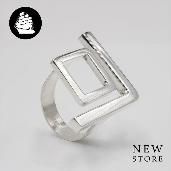 Simple Design Ring For Ladies, Cute Silver Ring For Women, 925 Sterling Silver Handmade In Mexico Taxco, Signet Square Chevron, Gift For Her