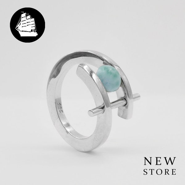 Simple Design Ring For Ladies, Natural Larimar Stone Chunky Cute Silver Ring For Women, Sterling Made In Taxco Mexico, Gift For Her