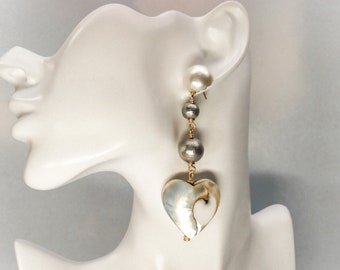 NACAR HEART Shaped Dangle Earrings. Mother of Pearl Heart. Vegan Dome Pearl. Perfect Gift. Heart Statement Earrings. Ocean Lovers