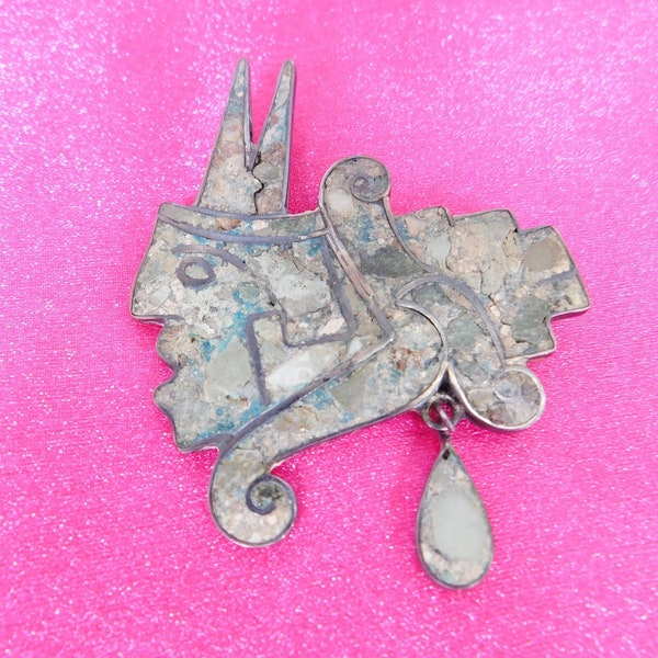 Old Mexican sterling brooch Inca warrior crushed stones