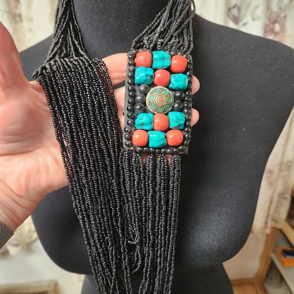 Necklace long multi strand artisan black seed beads red green faux turquoise coral