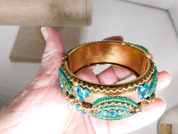 Bracelet spring clamp, blue green rhinestone and … - image 5