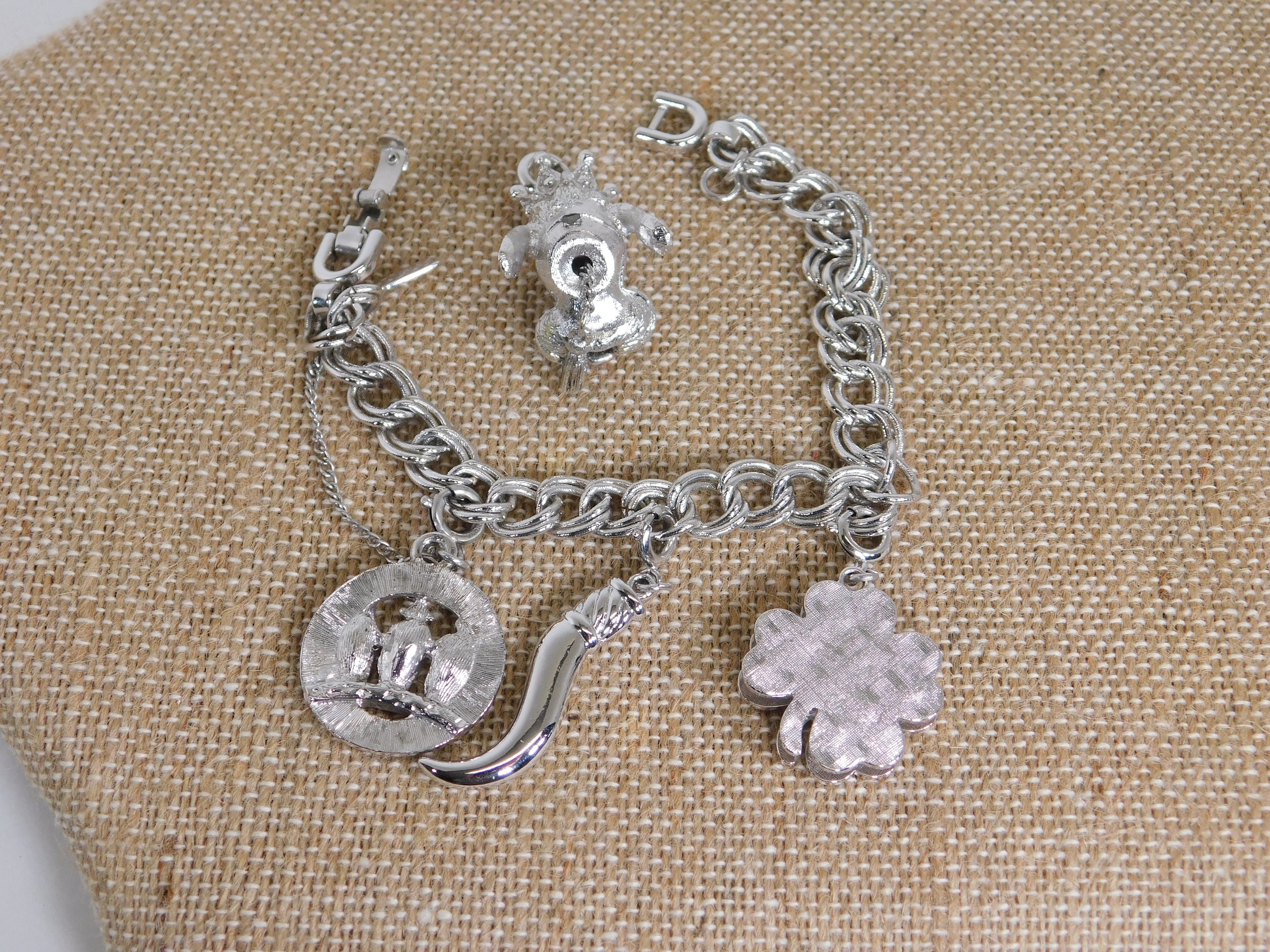 Monet Charm Bracelet Silver Tone With King Poodle Four Leaf Clover