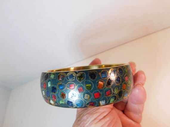 Wide Brass enameled bracelet inlayed colored ston… - image 6