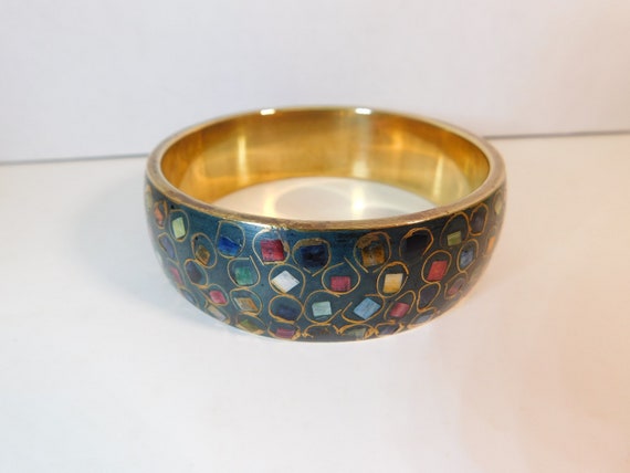 Wide Brass enameled bracelet inlayed colored ston… - image 2