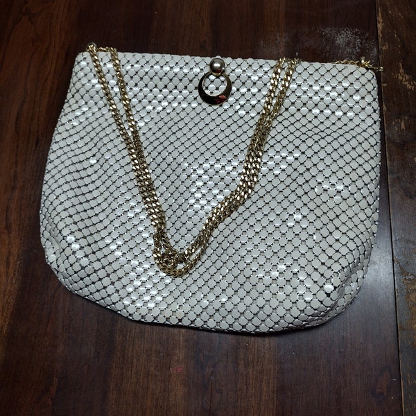 Whiting and Davis TM purse cream with gold tone accents made in USA
