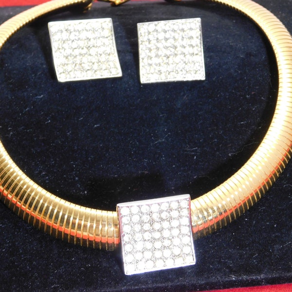 Pierre Cardin wide flex gold chain Necklace  and clip earring set with paved rhinestones fold over clasp