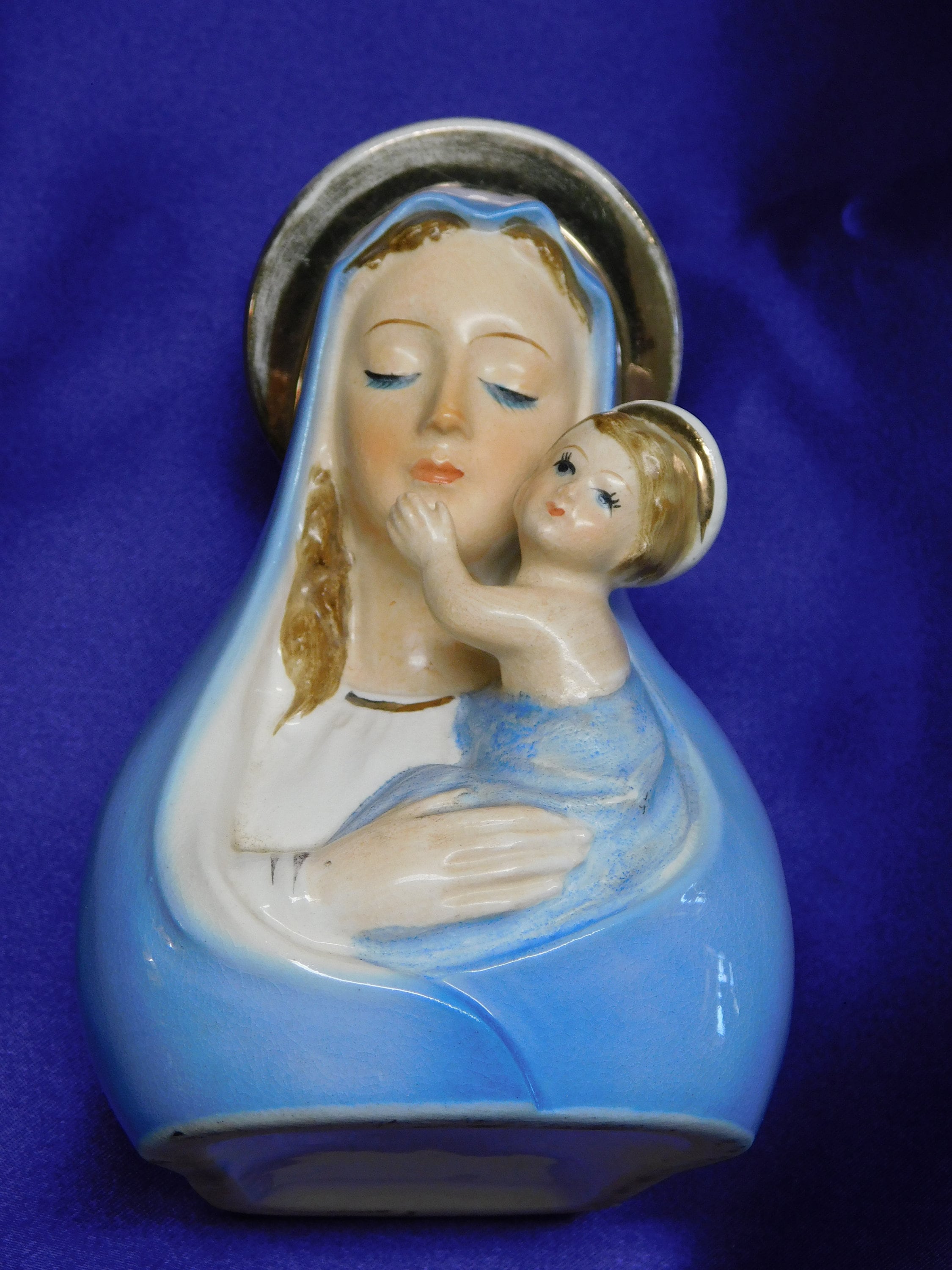 Madonna with child halos in blue and cream with gold accents ceramic vase