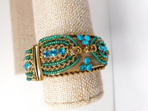 Bracelet spring clamp, blue green rhinestone and … - image 2