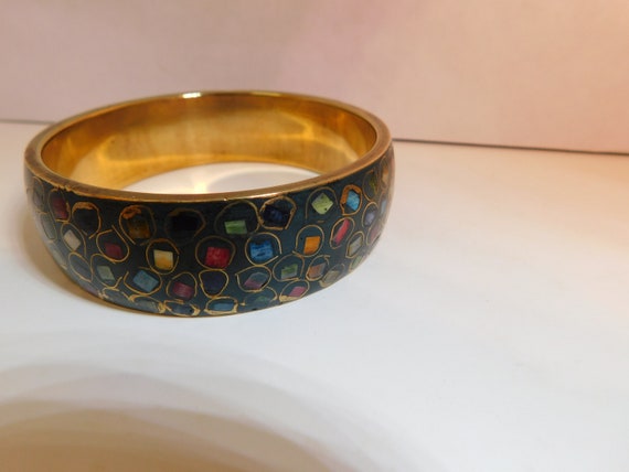 Wide Brass enameled bracelet inlayed colored ston… - image 4