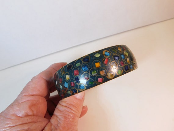 Wide Brass enameled bracelet inlayed colored ston… - image 5