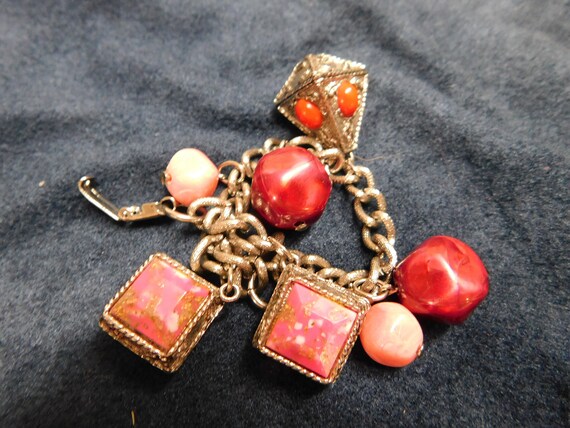 Vintage chunky charm bracelet silver tone pink an… - image 5