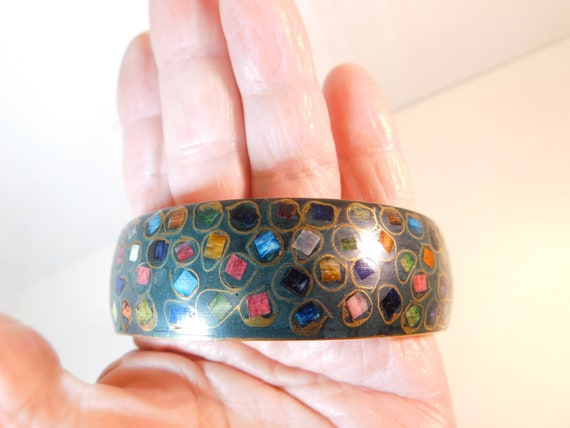 Wide Brass enameled bracelet inlayed colored ston… - image 1