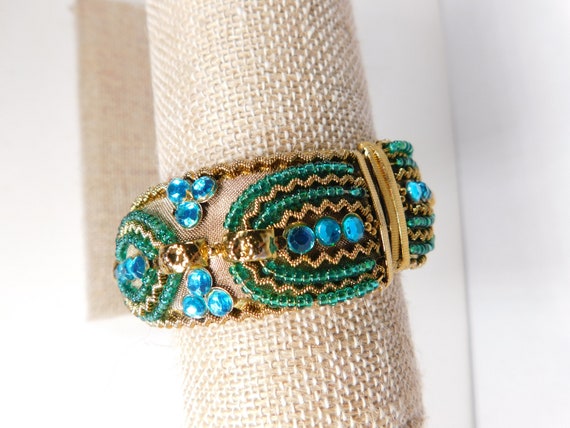Bracelet spring clamp, blue green rhinestone and … - image 3