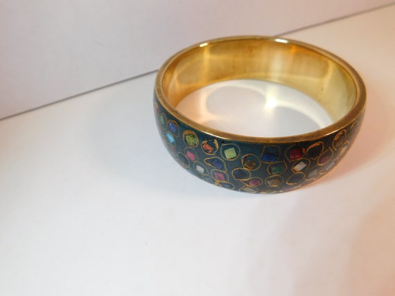 Wide Brass enameled bracelet inlayed colored ston… - image 3