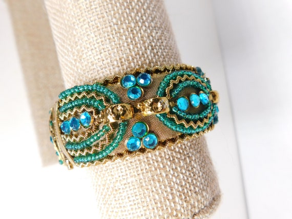 Bracelet spring clamp, blue green rhinestone and … - image 1