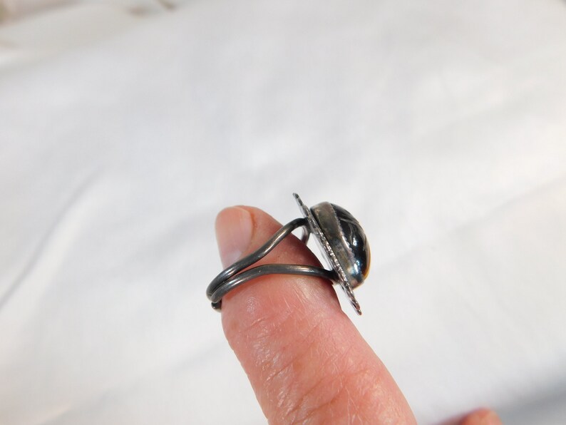 Beau sterling carved Tiger eye filigree ring adjustable