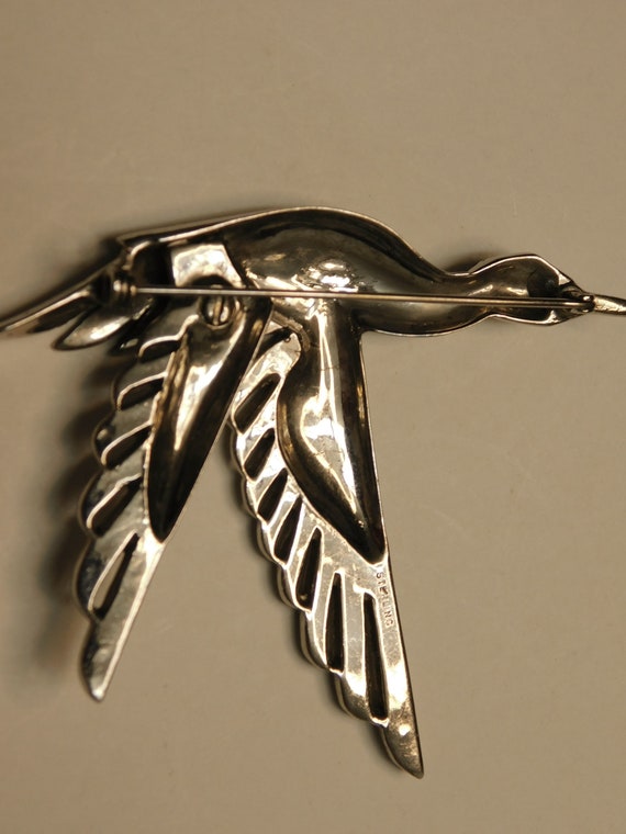 Brooch Flying Goose sterling screw holds back win… - image 10