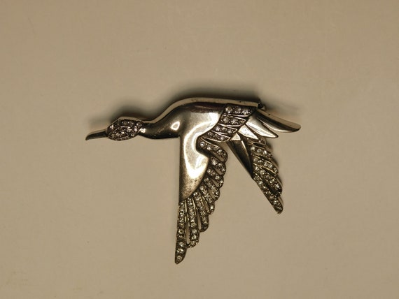 Brooch Flying Goose sterling screw holds back win… - image 1