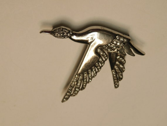 Brooch Flying Goose sterling screw holds back win… - image 2
