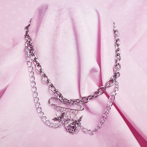 Silver chain safety pin skull and bats necklace | punk style | vampire choker