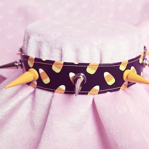 Black Candy Corn Printed Faux Leather Choker w/ Large Spikes