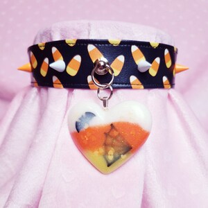 Black Candy Corn print pleather choker | Candy corn spiked choker | Resin pendant | Halloween collar | Punk choker