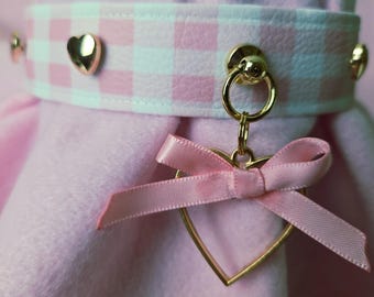 Pastel pink gingham printed pleather choker w/ gold heart studs & heart charm