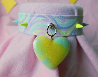 Neon heart pastel rainbow sherbet printed pleather choker