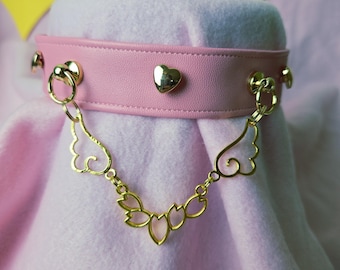Pastel pink sakura choker w/ gold heart studs