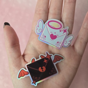 Juego de pegatinas holográficas de vinilo con letras de amor de ángel y diablo