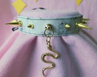 Marble print pleather golden snake spiked choker w/ black ribbon closure