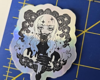 Holographic vampire w/ roses vinyl sticker