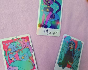 Holographic monster girl photocard set | Alien cat | Psychic Cat | Scary Angel