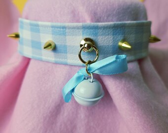 Sky blue gingham printed pleather spiked choker w/ bell