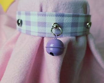 Lavender purple gingham choker w/ bell and heart studs