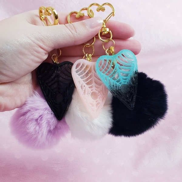 Creepy cute spider Ouija planchette resin keychains | Multiple colors | faux fur poofballs