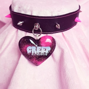 Black & Pink CREEP spiked choker w/ Resin Heart Pendant