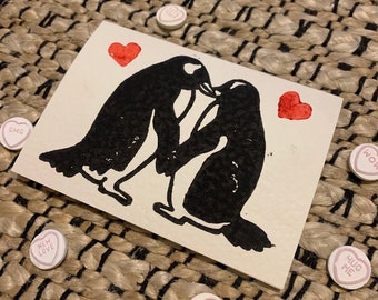 Lino Print Handmade Penguin Couple Valentine&#39;s Day Anniversary Card