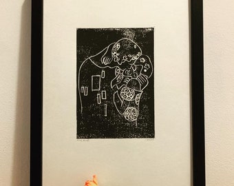 Gustav Klimt The Kiss A4 Lino Print Wall Art (Abstract Line Drawing)