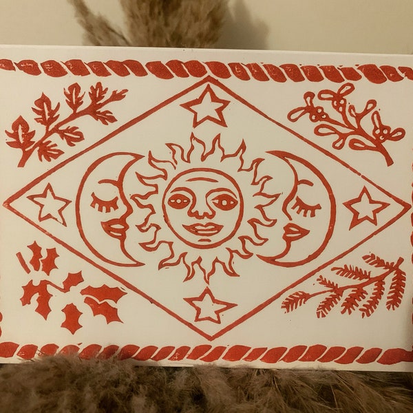 Lino Print Christmas Cards, red and white festive greetings