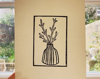 Plant in Vase Handprinted A4 Linocut