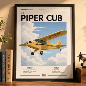 Puede incluir: Una impresión enmarcada que presenta un avión Piper Cub amarillo volando contra un cielo azul nublado. La impresión incluye el texto "J-3 PIPER CUB" y detalles sobre los orígenes y el primer vuelo de la aeronave. La impresión se exhibe con libros y un modelo de avión.