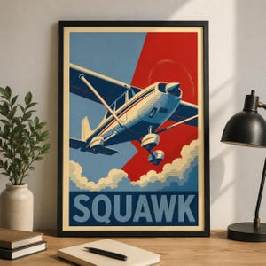 May include: A framed poster featuring a light-colored propeller airplane flying above white clouds against a split blue and red background. The word SQUAWK is printed in large, bold, light blue capital letters at the bottom of the rectangular print.