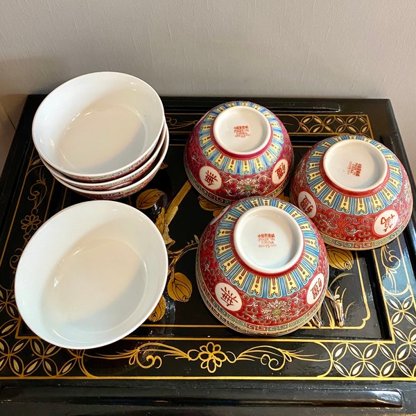 4.5” Vintage Chinese Porcelain Rice Bowl, Red Mun Shou Longevity Famille Rose Rice Bowl, JINGDEZHEN Rice Bowl, Soup Bowl from the 60’s