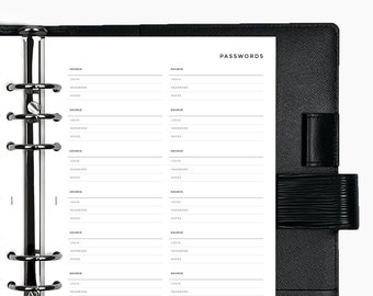 Planificador de contraseñas - Insertos de planificador y recambios de agenda impresos, Filofax, agenda LV, A5, personal, agenda de anillas