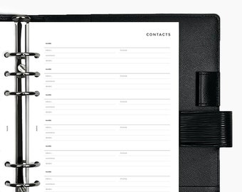 May include: A black leather bound planner with a white page open to the contacts section. The page has lines for name, email, address, phone, and memo.
